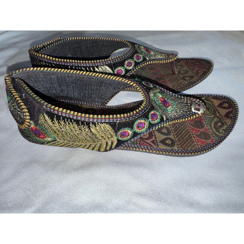 King Womens Peacock Embroidered Boho Thong Sandals Black Gold Ankle Wrap by Sz9